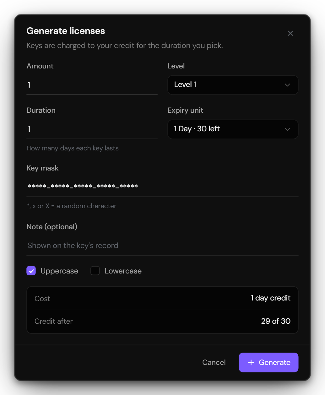 The Generate licences dialog: amount, level, duration, expiry unit, key mask, and what the batch will cost.